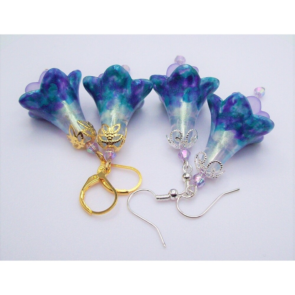 Boho Floral Earrings, Blue, Gold, Silver, Hand Painted, Artisan Crafted, Jewelry